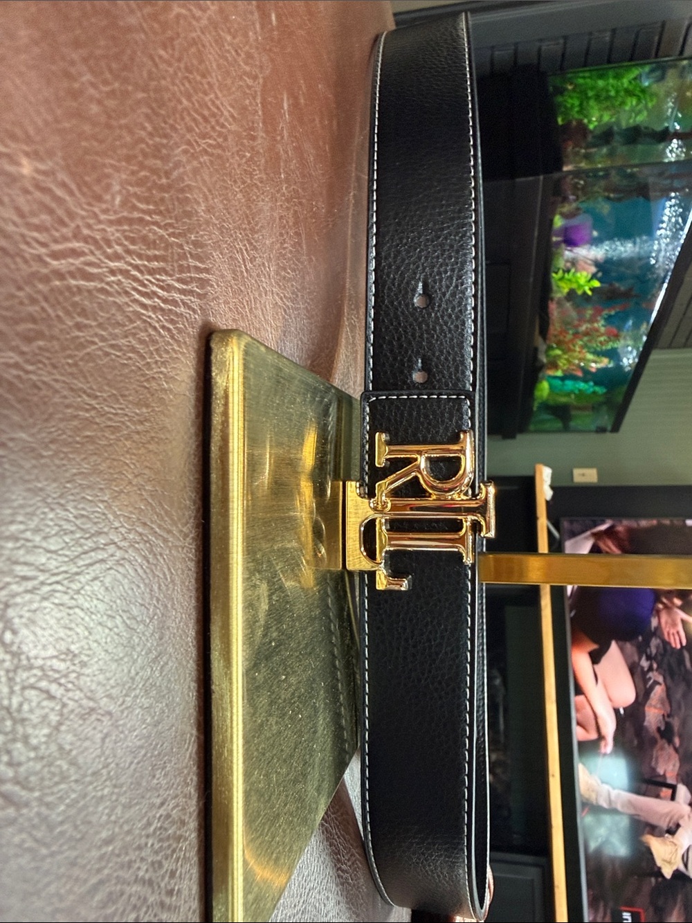 Up cycled Ralph Lauren Black Leather Belt with Gold RL Buckle